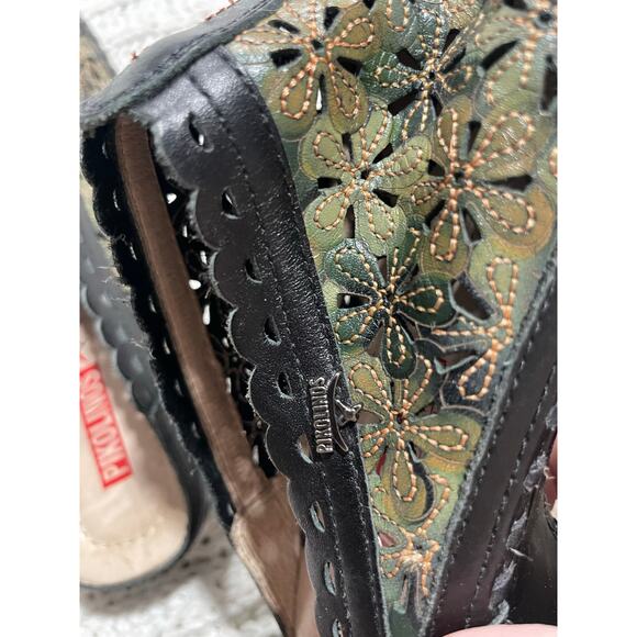 Pikolinos Clogs Slip On Leather Laser Cut Floral Womens Size 9 EU 40 Green Black - Picture 9 of 10